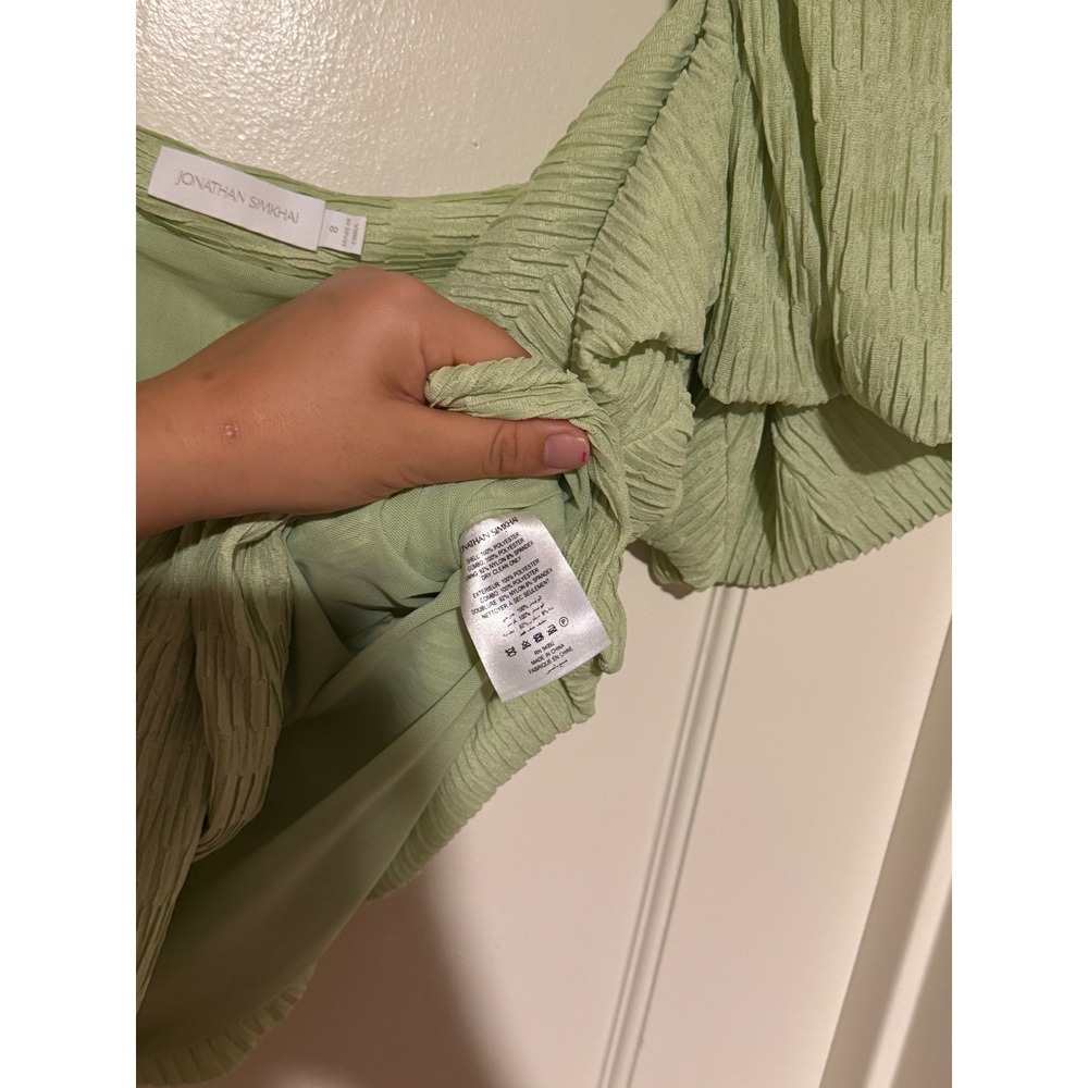 Jonathan Simkhai Sage Green Ruched Blouse Top Puff Sleeve Sweetheart Neck Size 8 - Picture 5 of 5